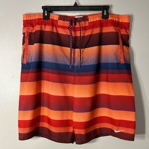 Nike Orange, Red & Blue Striped Stretch Waist Swim Trunks w/ Draw String Sz.Lg.